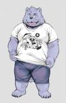 anthro black_nose bottomwear clothing humanoid_hands male overweight overweight_anthro overweight_male shirt shorts simple_background solo teeth topwear nekomarudon tanukimaru bear canid canine mammal raccoon_dog tanuki 2017