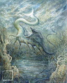 6_legs ambiguous_gender cloud feral flying grey_body lake long_neck long_tail moon outside plant shrub solo tail water wings omar_rayyan mammal 4:5 traditional_media_(artwork)