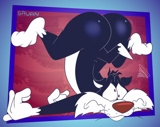 3_toes 4_fingers abstract_background anthro arched_foot ass_up belly bent_legs big_butt biped black_body black_fur bubble_butt butt butt_focus butt_pose cheek_tuft cross-eyed curling_toes curvy_figure dazed dipstick_tail ears_outwards facial_tuft feet fingers fur glistening glistening_butt gloves_(marking) head_tuft humanoid_feet humanoid_hands humanoid_heel leg_markings lines_drawn male markings nude pear-shaped_figure pivoted_ears plantigrade pose rear_view red_eyes red_nose seeing_stars slightly_chubby slightly_chubby_anthro slightly_chubby_male socks_(marking) solo spine tail tail_markings tasteful_nudity thick_thighs toes toony tuft upside_down wavy_mouth wavy_tail whisker_spots whiskers white_belly white_body white_feet white_fur white_hands white_sclera white_tail_tip wide_hipped_anthro wide_hipped_male wide_hips wiggle_lines gavanzude looney_tunes warner_brothers sylvester_(looney_tunes) domestic_cat felid feline felis mammal tuxedo_cat 2026 alternate_version_at_paywall colored digital_drawing_(artwork) digital_media_(artwork) flat_colors hi_res pinup signature