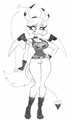 alternate_costume back_wings belt big_breasts boots bottomwear bracelet breasts cleavage clothed clothing collar eyelashes female fingerless_gloves footwear gloves hair hand_on_hip handwear horn horn_markings jewelry legs_together long_hair markings membrane_(anatomy) membranous_wings not_furry pants ponytail shirt shoes simple_background small_waist smile solo spade_tail spiked_bracelet spiked_collar spikes star_(marking) studded_belt studs tail tank_top tight_bottomwear tight_clothing tight_pants topwear white_background wide_hips wings learntoartofftumblr hellaverse helluva_boss verosika_mayday demon humanoid succubus 2026 absurd_res full-length_portrait greyscale hi_res monochrome portrait sketch