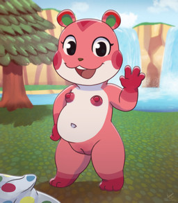 anthro big_nipples biped black_eyes blush buckteeth casual_exposure casual_nudity clothing clothing_aside countershade_face countershade_torso countershading erect_nipples female flat_chested genitals gesture innie_vulva looking_at_viewer nipples nude open_mouth outside overweight pink_body puffy_nipples red_body slightly_chubby smile solo teeth vulva waterfall waving zeklullaby animal_crossing nintendo apple_(animal_crossing) cricetid hamster mammal rodent 2026 digital_media_(artwork) hi_res