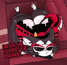 annoyed big_butt black_body black_fur black_hair black_sclera bottom_heavy bubble_butt butt butt_focus fur furniture hair hell high-angle_view looking_at_another male on_sofa sofa solo wide_hips wings furu_flami hazbin_hotel hellaverse husk_(hazbin_hotel) domestic_cat felid feline felis mammal