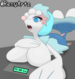 anthro big_breasts blue_body blue_eyes blue_hair breast_squish breasts busty_feral butt eyelashes female feral hair hand_on_breast huge_breasts nude semi-anthro solo split_form squish surprised white_body renyartz nintendo pokemon aquatic fish generation_7_pokemon merfolk pokemon_(species) primarina siren hi_res
