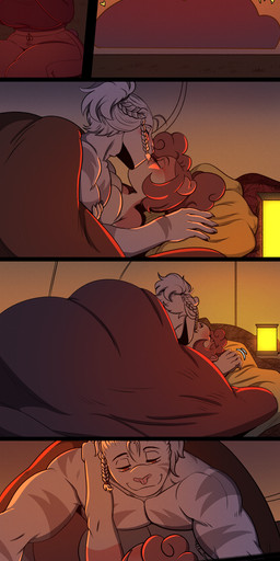 anthro big_butt biped braided_hair breasts brown_hair butt duo eating female hair heart_symbol kissing male male/female muscular muscular_male thick_thighs under_blanket white_body white_hair nimzy noms_(nimzy) tobi_(nimzy) cricetid felid hamster hybrid liger mammal pantherine rodent absurd_res comic hi_res
