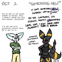 anthro black_body black_eyes breasts crossed_arms dialogue duo female fur male markings midriff multicolored_body narrowed_eyes red_sclera self_insert simple_background smile text thick_thighs weight_gain_sequence white_body white_fur yellow_body zandyzolo nintendo pokemon jamie_(zandyzolo) vi_(zandyzolo) canid canine eeveelution fennec_fox fox generation_2_pokemon mammal pokemon_(species) true_fox umbreon 1:1 character_request english_text hi_res