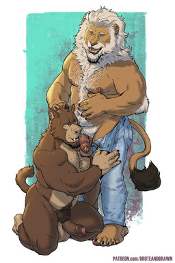 anthro arm_tuft balls barazoku beard belly belly_hair biceps blue_background blue_eyes body_hair border bottomwear brown_hair butt chest_hair clothed clothing crotch_sniffing deltoids denim denim_bottomwear denim_clothing duo elbow_tuft erection eye_contact facial_hair feet flaccid forearm_muscles foreskin genitals hair hairy hand_on_belly hand_on_head happy_trail imminent_fellatio imminent_oral jeans kneeling kneeling_oral_position licking looking_at_another male male/male mane manly mature_male musclegut muscular muscular_arms muscular_legs muscular_thighs navel neck_tuft nipples no_underwear nude open_bottomwear open_clothing open_jeans open_mouth open_pants oral pants pecs penile penis penis_lick penis_sniffing pubes sex simple_background slightly_chubby sniffing standing text tongue topless triceps tuft vein veiny_penis white_border white_hair bruteandbrawn wolfmonkey ape canid canine canis felid gorilla haplorhine hybrid lion mammal monkey pantherine primate wolf 2025 2:3 hi_res url