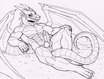 abs animal_genitalia anthro claws erection genital_slit genitals grin hand_on_leg horn looking_away lying male membrane_(anatomy) membranous_wings muscular on_back penis smile solo spread_legs spread_wings spreading tail teeth wings nameless00 mythology vendragon dragon mythological_creature mythological_scalie scalie pen_(artwork) traditional_media_(artwork)