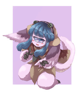 1_eye 5_fingers bangs blue_eyes blue_hair blush bodily_fluids brown_clothing brown_dress cape clothing dress female fingers fluffy fluffy_ears fur hair headgear headwear long_ears multicolored_eyes open_mouth pink_body pink_fur purple_eyes simple_background solo tears will_hakudou made_in_abyss pakkoyan cyclops humanoid narehate 3:4 absurd_res hi_res
