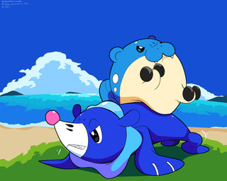 ambiguous_gender beach black_eyes blue_body clenched_teeth cloud dumbbell duo exercise fangs feral grass markings plant push-up sea sky teeth water weights whisker_markings sleepy_sealion nintendo pokemon generation_3_pokemon generation_7_pokemon pokemon_(species) popplio spheal 2025 5:4 absurd_res dated hi_res signature