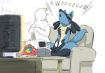 ambiguous_gender anthro awoo duo electronics eyes_closed faceless_character faceless_human furniture howl sitting sofa television watching_tv 0bon nintendo pokemon generation_4_pokemon human lucario mammal pokemon_(species)