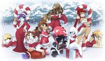 anthro blonde_hair blue_eyes braided_hair breasts brown_body brown_fur brown_hair candy candy_cane christmas_clothing cleavage clothed clothing dessert female food fur green_eyes group group_photo hair holidays hug markings mole_(marking) purple_hair red_clothing red_eyes red_hair simple_background snow snowing tan_body tan_fur white_background white_body white_fur ketirz christmas cricetid hamster mammal mouse murid murine rodent hi_res