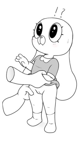 ambiguous_gender anthro blush bodily_fluids bottomless clothed clothing clothing_lift disembodied_hand dress dress_lift duo exposed faceless_character faceless_human female female/ambiguous flat_chested footwear genitals interrobang loli socks sweat vulva young young_anthro young_female howl_echoes cartoon_network the_amazing_world_of_gumball anais_watterson human lagomorph leporid mammal rabbit 9:16 digital_drawing_(artwork) digital_media_(artwork) hi_res monochrome