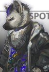 anthro black_hair blue_hair clothing collar fur grey_body grey_fur hair jacket looking_away male multicolored_hair shirt solo t-shirt topwear two_tone_hair prooof_(artist) arknights hypergryph studio_montagne spot_(arknights) hyena mammal spotted_hyena 2019 absurd_res hi_res