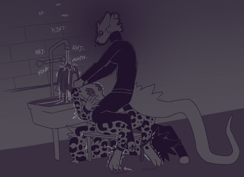 ankles_tied anthro asphyxiation bdsm bondage bound breasts choking clothed clothed/nude clothing crazed_look cuff_(restraint) drowning duo faucet female female/female fur furniture handcuffs hands_tied imminent_death imminent_drowning legs_tied leopard_spots markings metal_cuffs nipple_tape nude pasties pasties_only questionable_consent restraints shackles sink spots stool struggling tail tape text torture water waterboarding pantheggon ivory_(pantheggon) sam_(gfyguy) canid canine canis felid leopard mammal pantherine snow_leopard wolf 2026 digital_drawing_(artwork) digital_media_(artwork)
