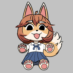 anthro bottomwear brown_hair chibi clothing collared_shirt countershading dipstick_ears ear_markings eyebrows female hair medium_hair multicolored_ears neck_ribbon pawpads plushie shirt skirt solo tail topwear white_eyebrows anonymous_artist bully_fox canid canine fox mammal 1:1 hi_res
