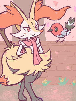 ambiguous_anthro ambiguous_feral ambiguous_gender anthro biped blush brick brick_wall cherry_blossom digitigrade dipstick_tail duo eyelashes feral flower front_view markings mostly_nude object_in_tail outside plant prunus_(flower) scarf scarf_only smile snout standing stick stick_in_tail tail tail_markings three-quarter_view tree wall_(structure) gd-058 nintendo pokemon avian braixen canid fletchling generation_6_pokemon mammal pokemon_(species) 2024 3:4 aliasing binary_drawing digital_drawing_(artwork) digital_media_(artwork) flat_colors full-length_portrait japanese_description portrait translated_description female_(lore)