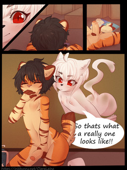anthro balls blush breasts brown_body brown_fur butt dialogue duo erection female foreskin fur genitals hair humanoid_genitalia humanoid_penis looking_at_porn male masturbation navel nipples nude penile penile_masturbation penis pornography striped_body striped_fur stripes text white_body white_fur young young_anthro young_female young_male aoizuri ghost_(claralaine) ken_(claralaine) domestic_cat felid feline felis ghost mammal spirit 2018 3:4 broken_language comic digital_media_(artwork) english_text hi_res