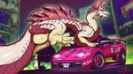 car city city_lights city_skyline cityscape dragons_fucking_cars feet female feral foot_fetish foot_focus fur japan looking_at_viewer looking_down looking_pleasured neon_lights pink_body pink_fur solo sports_car super_car tokyo vehicle squidking capcom lamborghini lamborghini_diablo monster_hunter mythology dragon eastern_dragon leviathan_(mh) mizutsune mythological_creature mythological_scalie scalie 16:9 hi_res widescreen