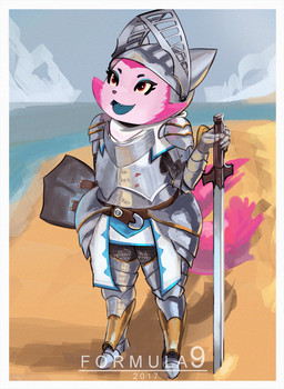 anthro armor beach chainmail clothing cloud fangs fantasy female fur headgear helmet knight melee_weapon multi_tail open_mouth pink_body pink_fur plate_armor sand seaside shield shortstack shortstack_female smile solo sword tail teeth tuft warrior weapon cephei asian_mythology east_asian_mythology korean_mythology mythology telemonster yossi canid canine fox fox_spirit kumiho mammal mythological_canine mythological_creature mythological_fox 2017 hi_res
