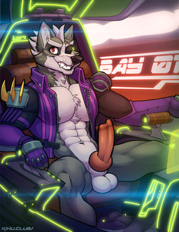 abs animal_genitalia animal_penis anthro balls bare_chest biped black_nose bottomless canine_genitalia canine_penis clothed clothing cockpit erection eye_patch eyewear fur genitals gloves grey_body grey_fur grin handwear jacket knot looking_at_viewer male multicolored_body multicolored_fur navel nipples open_clothing open_jacket open_topwear pecs penis red_eyes sitting smile solo spread_legs spreading teeth topwear two_tone_body two_tone_fur white_body white_fur kihu nintendo star_fox wolf_o'donnell canid canine canis mammal wolf 2018