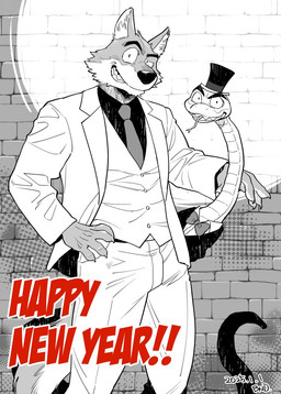 anthro biped clothed clothing duo feral hat headgear headwear jewelry necklace necktie top_hat redjack_036 chinese_zodiac dreamworks the_bad_guys year_of_the_snake mr._snake_(the_bad_guys) mr._wolf_(the_bad_guys) canid canine canis mammal reptile scalie snake wolf 2025 dated greyscale monochrome partially_colored signature