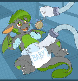 3_toes ambiguous_gender anthro blue_background blue_clothing blue_handwear blush blush_lines bodily_fluids bondage_gear bondage_gloves claws clean_diaper clock clothed clothing conveyor_belt diaper dotted_background drooling fangs feet fur green_body green_fur green_markings green_tail green_wings grey_body grey_ears grey_tail grey_wings hand_on_diaper handwear holding_pocketwatch hypnosis lying markings mind_control multicolored_body on_back on_pillow open_mouth open_smile orange_inner_ear pattern_background pillow pocketwatch robot_arms safety_pin saliva simple_background smile solo spiral spiral_eyes tail teeth text text_on_diaper three-quarter_view toe_claws toes touching_diaper two_tone_body two_tone_tail two_tone_wings watch wearing_diaper white_claws white_toe_claws window wing_claws wings bubblepuppers mythology corrin_(paradoxdragon) dragon furred_dragon furred_scalie mythological_creature mythological_scalie scalie english_text full-length_portrait hi_res letterbox portrait