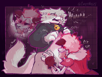 anthro bell bell_collar blush bodily_fluids bone bottomless clothed clothing collar drooling duo fellatio holding_clothing holding_object holding_shirt holding_topwear hoodie hoodie_only male male/male moan oral penile saliva sex shaking shirt skull topwear topwear_only trembling crazymaizi felid feline mammal skulldog_(species) hi_res