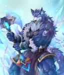 action_pose angry anthro armband armor axe battle_axe belt biceps big_muscles biped blue_body blue_eyes blue_fur bottomwear bracers chest_pain chest_tuft clothed clothing cold double_bitted_axe fangs fantasy_axe fantasy_weapon fur gem holding_object holding_weapon ice ice_axe labrys loincloth looking_at_viewer magic male melee_weapon muscular muscular_anthro muscular_male open_mouth pecs pose shirt smile snow solo standing tattoo teeth topless topwear tuft unconvincing_armor warrior weapon tengo canid canine canis mammal wolf 2016 digital_media_(artwork)