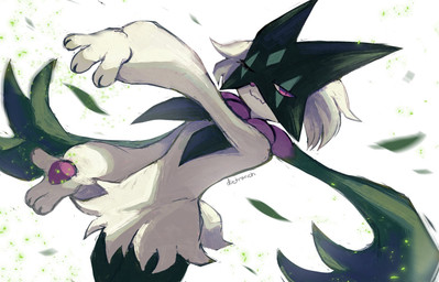ambiguous_gender anthro claws eyelashes featureless_crotch fur green_body green_fur green_hair hair looking_at_viewer narrowed_eyes one_eye_closed pawpads pink_eyes simple_background solo dietranch nintendo pokemon felid feline generation_9_pokemon mammal meowscarada pokemon_(species) 2026 hi_res signature