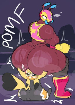 clothing cosplay_pikachu_(costume) duo facesitting female female/female sitting_on_another ridge_(artist) nintendo pokemon rivals_of_aether la_reina_(rivals_of_aether) pikachu_libre ant arthropod generation_1_pokemon hymenopteran insect mammal pikachu pokemon_(species) rodent absurd_res hi_res