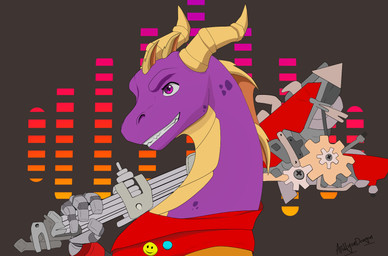 black_body duo electric_guitar feral guitar horn male mechanical_arm musical_instrument plucked_string_instrument purple_eyes scarf smile smiley_face solo string_instrument teeth apollyondragon activision hi-fi_rush microsoft mythology spyro_the_dragon tango_gameworks chai_(hi-fi_rush) spyro dragon mythological_creature mythological_scalie scalie 2023 crossover digital_drawing_(artwork) digital_media_(artwork) hi_res signature