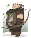 anthro arrow_(weapon) belly big_belly bow_(weapon) brown_body clothed clothing kemono leaf male overweight overweight_male ranged_weapon solo weapon kusosensei inigo_(kusosensei) bear mammal 2022 hi_res