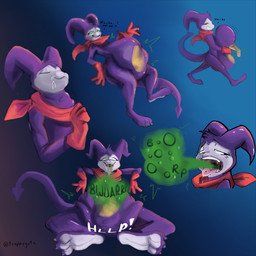 abdominal_bulge anthro anthro_pred belly big_belly breath clothing digested digestion fur huge_thighs legwear male onomatopoeia open_mouth overweight overweight_anthro panting same_size_vore solo sound_effects text thick_thighs thigh_highs tongue tongue_out unseen_prey vore troppygutz bandai_namco digimon digimon_(species) imp impmon 1:1 2025 absurd_res hi_res shaded