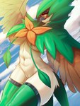 anthro beak big_breasts biped breasts brown_body clothing female genitals green_body legwear looking_at_viewer navel pussy sky solo tan_body thigh_highs faejunkie nintendo pokemon decidueye generation_7_pokemon pokemon_(species) 3:4 absurd_res hi_res