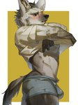 anthro blush bulge clothing fur grey_body grey_fur hair looking_at_viewer male nervous nervous_sweat nutt pubes shirt solo t-shirt t-shirt_lift tail topwear underwear undressing pu94_d1de4c arknights hypergryph studio_montagne spot_(arknights) hyena mammal spotted_hyena 2024 hi_res