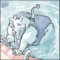 anthro border clothing colored_fingernails colored_nails ear_piercing ear_ring elderly elderly_female embarrassed female fingernails grey_border mature_female nails obese obese_anthro obese_female one-piece_swimsuit overweight overweight_anthro overweight_female piercing pool ring_piercing solo swimwear tusks gingerlybreadart zoe_(gingerlybreadart) elephant elephantid mammal proboscidean 2025