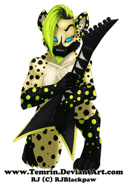 anthro black_nose blue_eyes chest_tuft electric_guitar fur green_hair guitar hair looking_at_viewer male musical_instrument plucked_string_instrument simple_background solo string_instrument text tuft white_background temrin hyena mammal spotted_hyena url