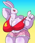 4_fingers anthro big_breasts bottomwear breasts clothing female fingers fur huge_breasts looking_at_viewer muscular muscular_anthro muscular_female red_eyes shirt shorts simple_background smile solo tank_top topwear white_body white_fur grepstrash bloody_roar konami alice_the_rabbit lagomorph leporid mammal rabbit 2020 absurd_res hi_res