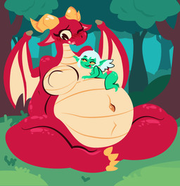 anthro belly big_belly big_breasts breasts duo female forest green_body outside overweight plant red_body simple_background sitting tree smuggoblin mythology dragon goblin mythological_creature mythological_scalie scalie 2026