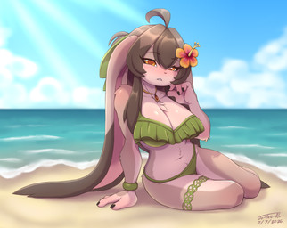 4_fingers accessory ahoge anthro bangs beach big_breasts bikini bikini_bottom bikini_top blush blush_lines body_tuft bottomwear bow_ribbon bracelet breasts brown_body brown_fur brown_hair chest_tuft cleavage clothed clothing cloud countershade_arms countershade_face countershade_fur countershade_legs countershade_torso countershading curvy_figure ear_markings eyelashes female fingers floppy_ears flower fur fur_markings gem hair hair_accessory hair_bow hair_ribbon hibiscus highlights_(coloring) jewelry leaning legband light long_ears long_hair looking_at_viewer markings nails navel necklace orange_eyes outside pink_nose plant ponytail pose ribbons sea sitting sky solo sunlight swimwear teeth text thighband topwear tuft two-piece_swimsuit water wide_hips jo-vee-al phoebe_(jo-vee-al) domestic_rabbit lagomorph leporid lop_rabbit mammal oryctolagus rabbit artist_name digital_drawing_(artwork) digital_media_(artwork) digital_painting_(artwork) hi_res painting_(artwork) signature