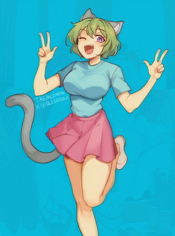 bare_legs big_breasts black_eyebrows blue_clothing blue_shirt blue_topwear bottomwear breasts cat_tail clothing double_v_sign eyebrows fangs female footwear fur gesture green_hair grey_body grey_ears grey_fur grey_tail hair hand_gesture happy on_one_leg one_eye_closed open_mouth open_smile pink_bottomwear pink_clothing pink_skirt pleated_skirt pupils purple_eyes shirt shoes short_hair short_sleeves skirt slit_pupils smile solo standing t-shirt tail teeth text topwear v_sign white_clothing white_footwear white_shoes wink oleggshka nyan_neko_sugar_girls raku-chan animal_humanoid cat_humanoid felid felid_humanoid feline feline_humanoid humanoid mammal mammal_humanoid artist_name hi_res