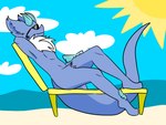 anthro beach_chair blue_body blue_horn eyewear horn male solo sunbathing sunglasses skull_bunz_official frost_jeckals_(huf13) fenril_(spicy_flakes) 4:3 digital_drawing_(artwork) digital_media_(artwork) hi_res