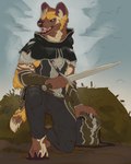 5_fingers ambiguous_gender anthro blue_eyes day detailed_background fingers holding_melee_weapon holding_object holding_sword holding_weapon melee_weapon open_mouth outside sky solo sword teeth tongue weapon whiskers blindcoyote african_wild_dog canid canine mammal 2021 4:5 digital_media_(artwork) hi_res