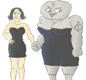 5_fingers anthro arm_tattoo beak big_breasts black_clothing black_dress black_eyebrows black_eyes black_hair breasts cleavage clothed clothed_anthro clothed_female clothed_human clothing crossgender dress duo eyebrows feather_tattoo feathers female female/female female_anthro female_human fingers fist grey_beak grey_body grey_feathers hair hand_holding hand_on_hip hand_on_own_hip interspecies_romance larger_anthro larger_female light looking_away medium_breasts medium_hair non-mammal_breasts pupils simple_background size_difference smaller_female smaller_human standing tan_body tan_mouth tan_skin tattoo thick_thighs white_background white_pupils kat-in-the-box harry_potter_(series) hedwig_(harry_potter) severus_snape avian bird horned_owl human mammal owl snowy_owl true_owl 2009 colored digital_media_(artwork) english_description lighting