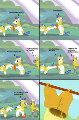 dialogue exclamation_point feathered_wings feathers feral group horn interrobang male outside question_mark text training trio wings hakar-kerarmor friendship_is_magic hasbro my_little_pony mythology royal_guard_(mlp) equid equine mammal mythological_creature mythological_equine pegasus unicorn 2012 comic english_text hi_res