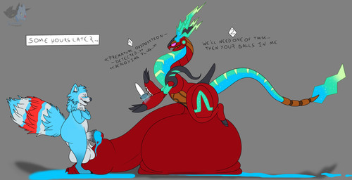 anthro attribute_theft balls balls_expansion big_balls big_penis blue_body blue_cum blue_fur bodily_fluids claws colored_cum cum cum_from_penis dialogue dialogue_box duo egg egg_from_penis expansion finger_claws foreskin fur genital_expansion genital_fluids genitals genitals_shrinking glowing glowing_cum grey_background grey_body grey_fur growth huge_balls huge_penis hyper hyper_balls hyper_genitalia hyper_penis leaking_cum logo long_tail looking_at_another looking_pleasured male male/male multicolored_tail open_mouth oviposition penis penis_shrinking plug_(sex_toy) pregnant pregnant_male purple_sclera red_body red_fur saggy_balls sex_toy shadow simple_background size_theft tail testicular_pregnancy text toe_claws unusual_bodily_fluids unusual_cum unusual_genital_fluids unusual_pregnancy leskarmory nintendo pokemon future_pokemon generation_9_pokemon legendary_pokemon miraidon paradox_pokemon pokemon_(species) ultimate_mode_miraidon 2026 absurd_res artist_logo english_text hi_res