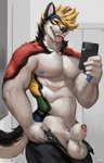 animal_genitalia anthro balls bottomwear clothed clothing eyes_closed genitals male nipples pants sheath solo taking_picture tongue tongue_out juiceps alexi_the_wusky canid canine canis mammal wolf 2023 hi_res