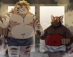 anthro belly big_belly black_body black_nose blush detailed_background duo hand_holding humanoid_hands inside kemono male moobs navel nipples overweight overweight_male pink_nose red_body white_body young ptcmtr lifewonders tokyo_afterschool_summoners licho_(tas) zhurong_(tas) ailurid felid mammal pantherine red_panda tiger 2022 hi_res