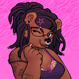accessory animal_print anthro arm_tattoo bra claws clothed clothing dreadlocks ear_piercing eyebrow_piercing eyewear facial_piercing female gauged_ear gauged_septum glasses hair hair_accessory hairclip leopard_print lip_piercing occult_symbol off_shoulder pentagram piercing ponytail purple_clothing purple_shirt purple_topwear shirt simple_background snakebite_piercing solo symbol tank_top tattoo topwear underwear werehouse bear brown_bear mammal ursine absurd_res hi_res