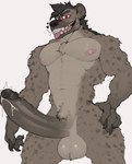 abs anthro balls barazoku big_balls big_penis bodily_fluids brown_body brown_fur cum dots erection fur genital_fluids genitals heart_symbol humanoid_genitalia humanoid_penis leaking_cum looking_at_viewer male muscular muscular_anthro muscular_male nipples pecs penis pink_nipples red_eyes solo tongue tongue_out deuzion hyena mammal absurd_res hi_res